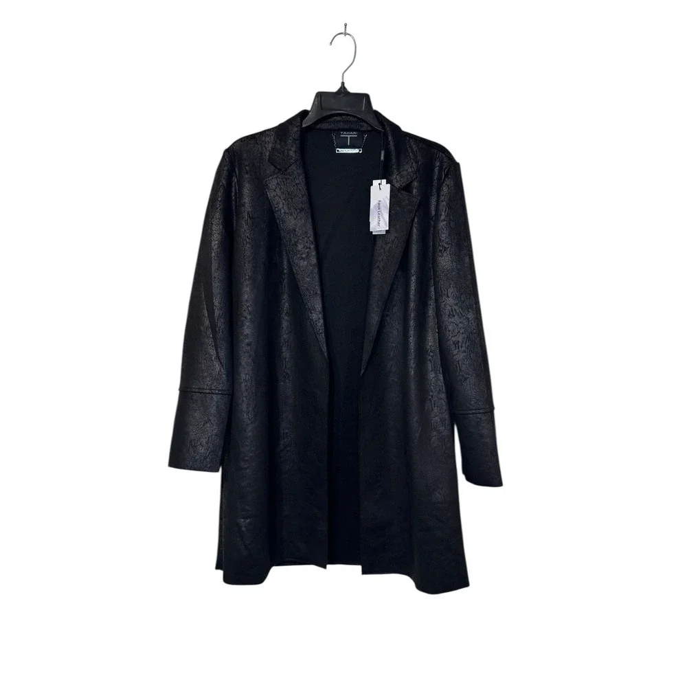 Tahari Womens Jacket Open Front Mid Length Faux Leather Black Stretch Medium NWT